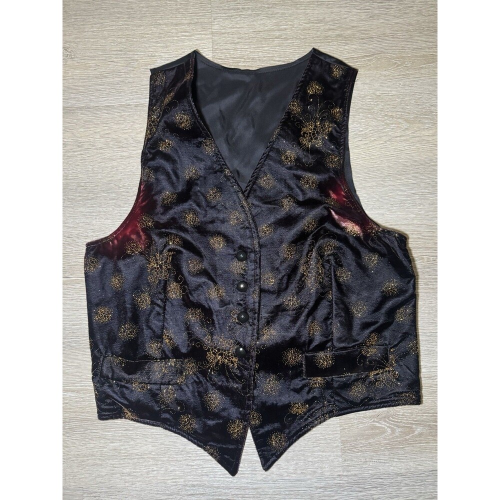 Vintage 90s Star City Black Gold Glitter Star Glam Button Front Vest size Large